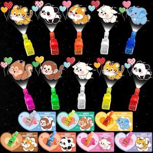 28 Pack Valentines Cards with Finger Lights, Animals for Kid School, Parties NEW